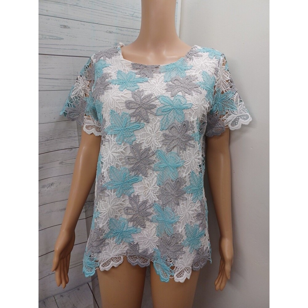 Alfred Dunner Lace Floral Lined Womens Sz 10 Short Sleeve Top Blouse White Green